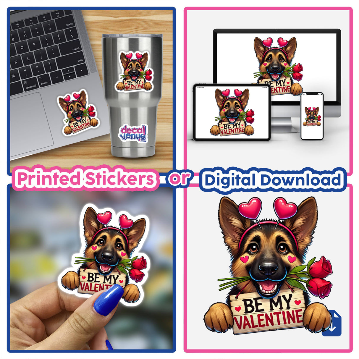German Shepherd Be My Valentine sticker shows a cartoon dog holding a sign with roses, ideal for decorating laptops or cups, available as stickers or digital artwork.