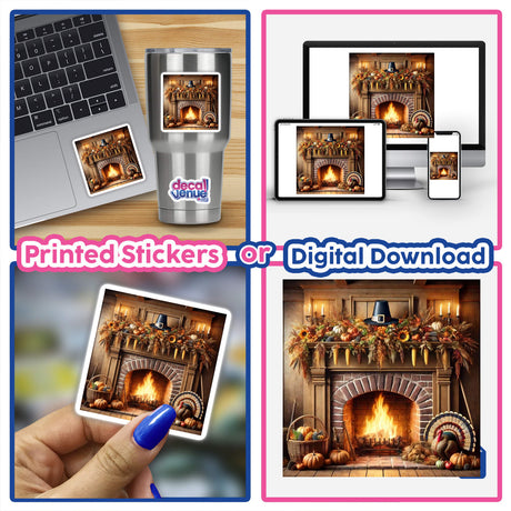 Pilgrim’s Hearth - A Traditional Fireplace with Thanksgiving Decor collage featuring a cozy fireplace, laptop, mug, and festive decorations, available as stickers or digital downloads from Decal Venue.