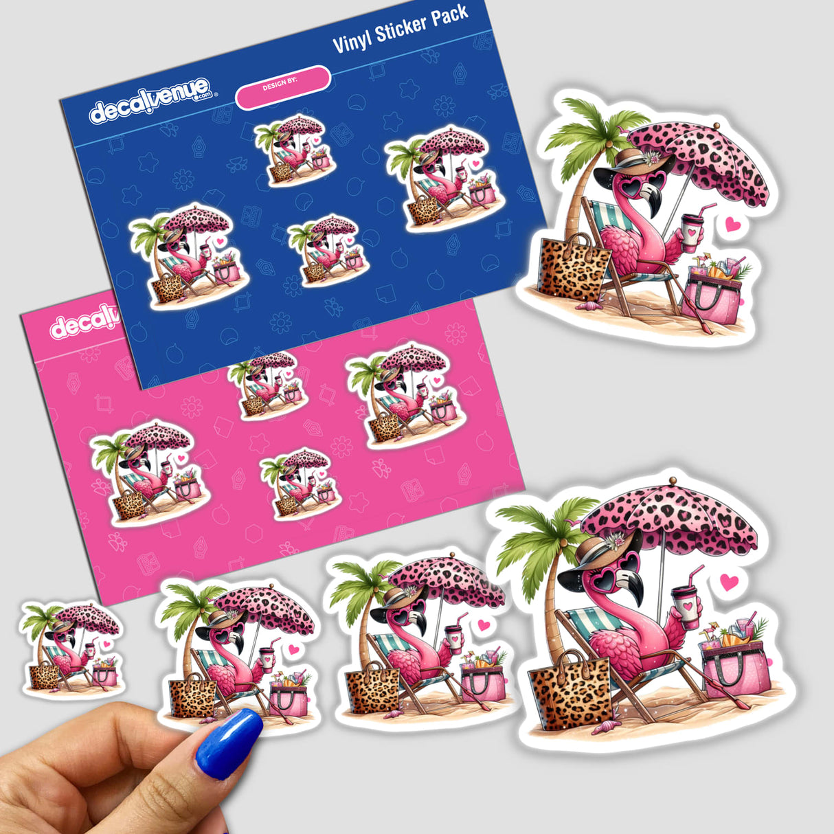 Sassy Flamingo Sitting Under Pink Leopard Beach Umbrella sticker, featuring a cartoon flamingo lounging on a chair with a stylish umbrella, part of Decal Venue's unique vinyl sticker collection.