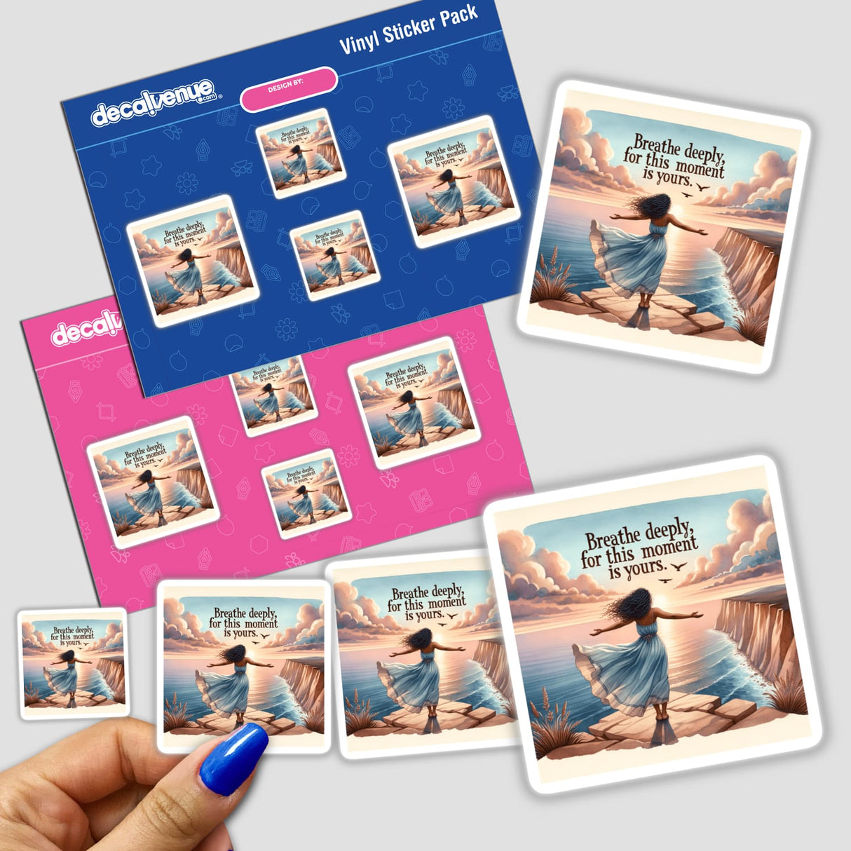 Sticker featuring a free-spirited woman on a cliff with the phrase “Breathe deeply, for this moment is yours,” capturing a serene and empowering moment, available from Decal Venue.