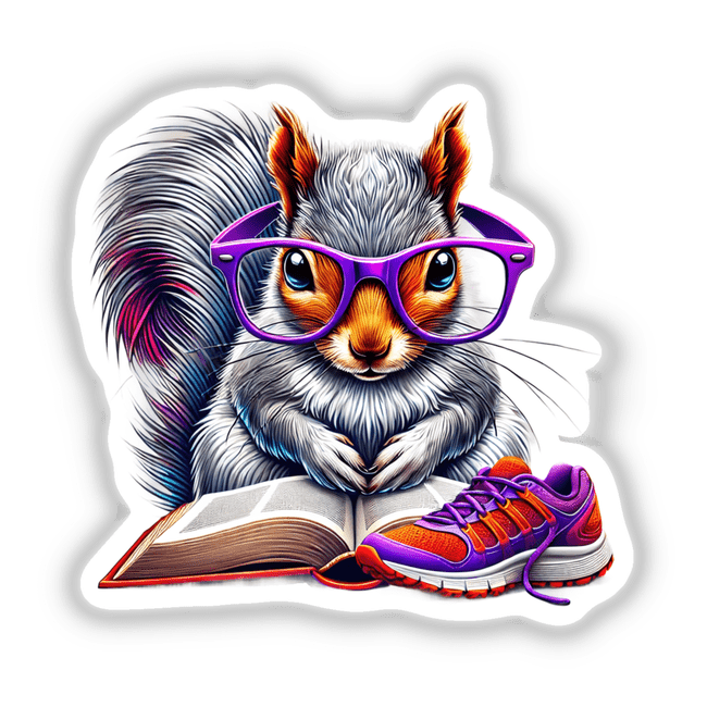 Squirrel Reading a Book with Purple Glasses and Running Shoe: A whimsical illustration of a squirrel wearing purple glasses, engrossed in reading, with a running shoe nearby. Available as stickers or digital artwork.