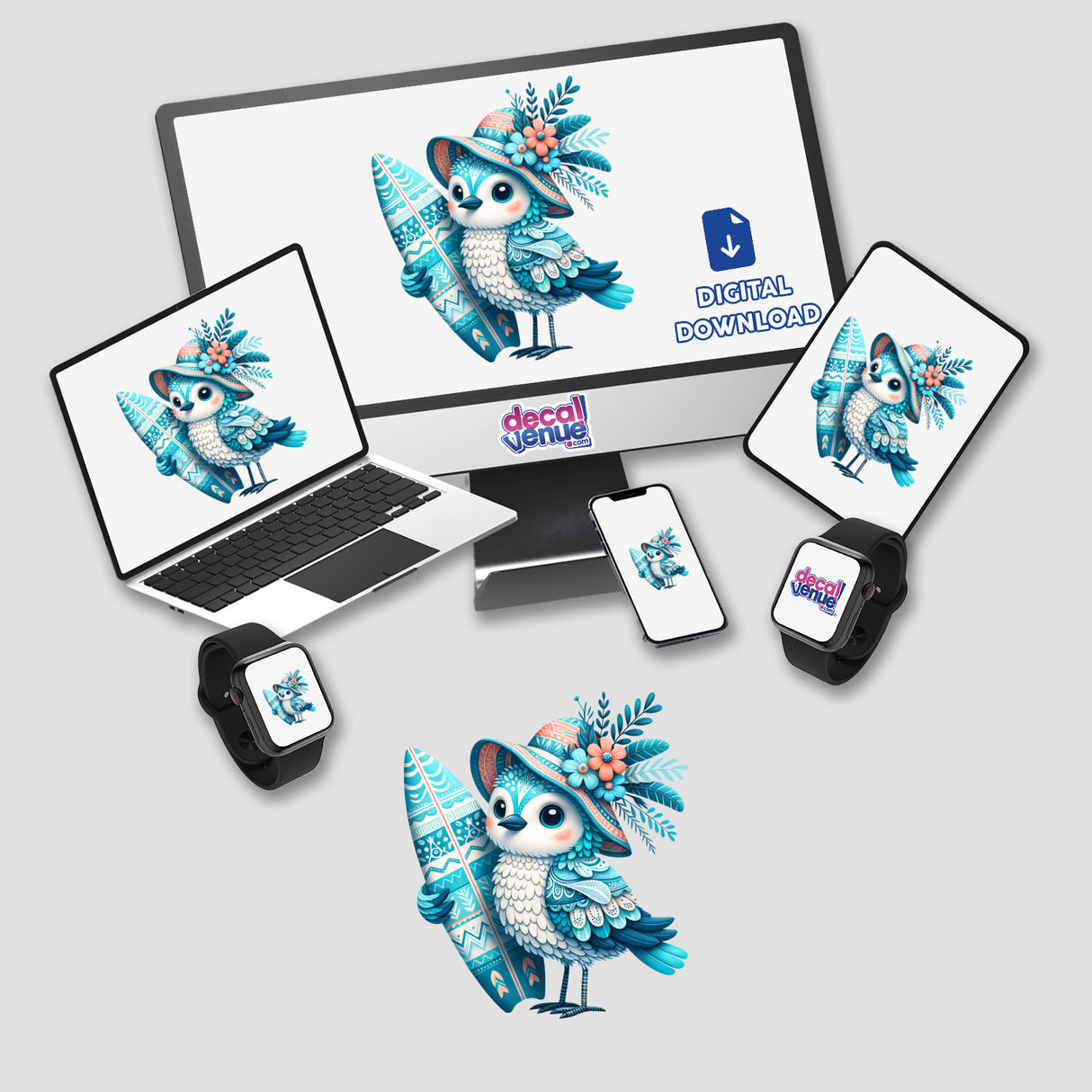 Seagull Bird in Summer Beach Hat with Surfboard