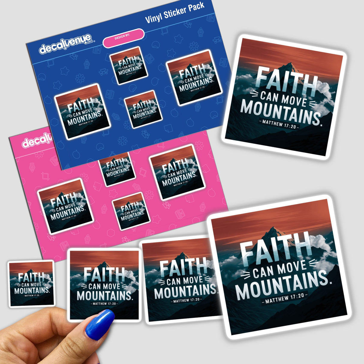 Hand holding a sticker pack titled Faith can move mountains. Matthew 17:20, featuring a mountain and clouds design, exemplifying Decal Venue's unique vinyl stickers and digital art offerings.