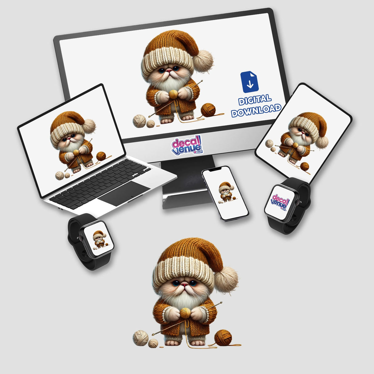 Adorable Himalayan cat gnome holding a ball of yarn, featured on various digital devices and products from Decal Venue, an online store for unique stickers and digital art.