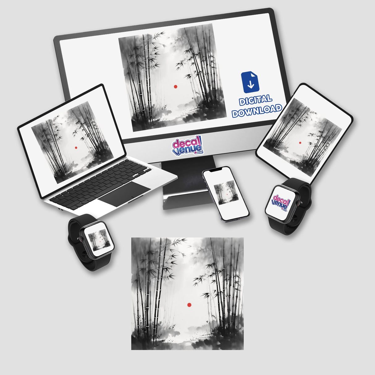 Sumi-e Bamboo Grove in Morning Mist Japanese Ink Wash Scene, available as stickers or digital artwork, captures a serene, minimalist bamboo landscape, embodying traditional Japanese ink wash techniques.