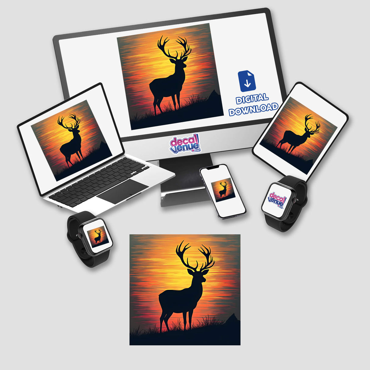 Deer Silhouette with Bold Horizontal Stripes displayed on a computer monitor, laptop, and phone, showcasing versatile usage as stickers or digital artwork.