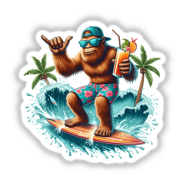 Surfing Tropical Beach Sasquatch depicted as a whimsical vinyl sticker or digital artwork, showcasing a Sasquatch riding waves, embodying Decal Venue's unique blend of creativity and playful surf culture.