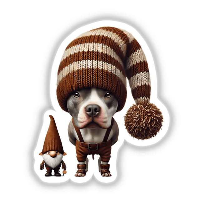 Pitbull Gnome with Chew Toy: Illustration of a dog wearing a knit hat and suspenders, holding a chew toy, accompanied by a gnome with a white beard. Available as stickers or digital artwork.