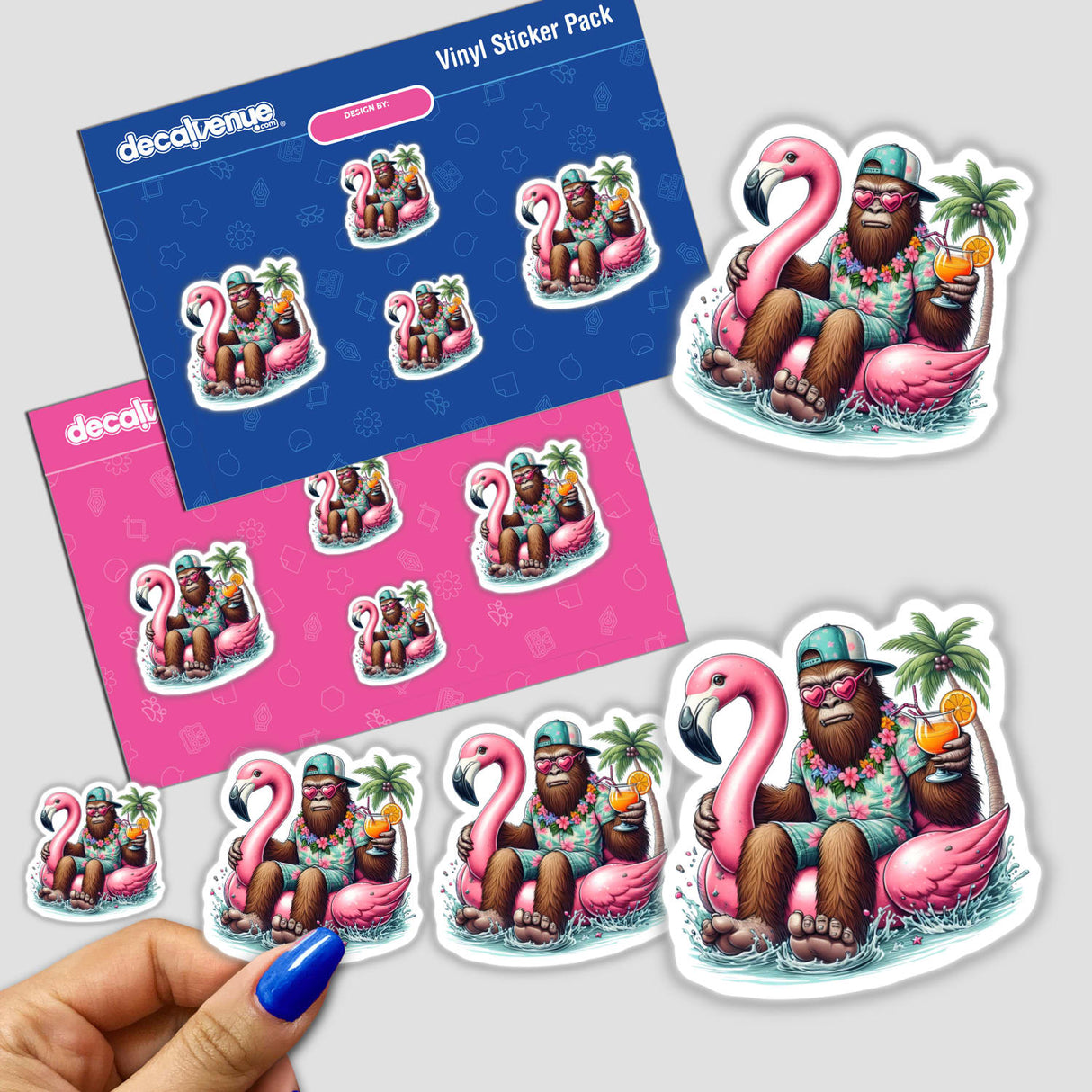 Sasquatch Floating in Flamingo Float stickers, featuring cartoon gorillas and monkeys riding flamingos, available as vinyl stickers or digital artwork from Decal Venue.