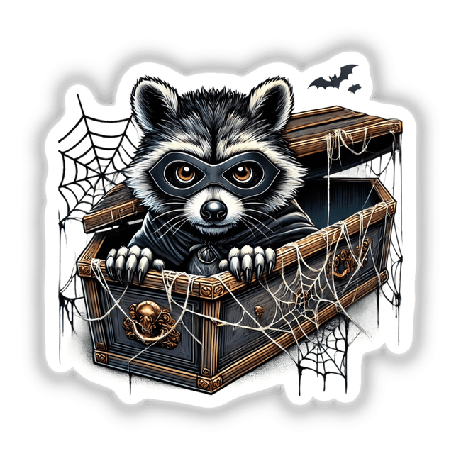 Masked Halloween Raccoon Peeking from Spooky Treasure Chest