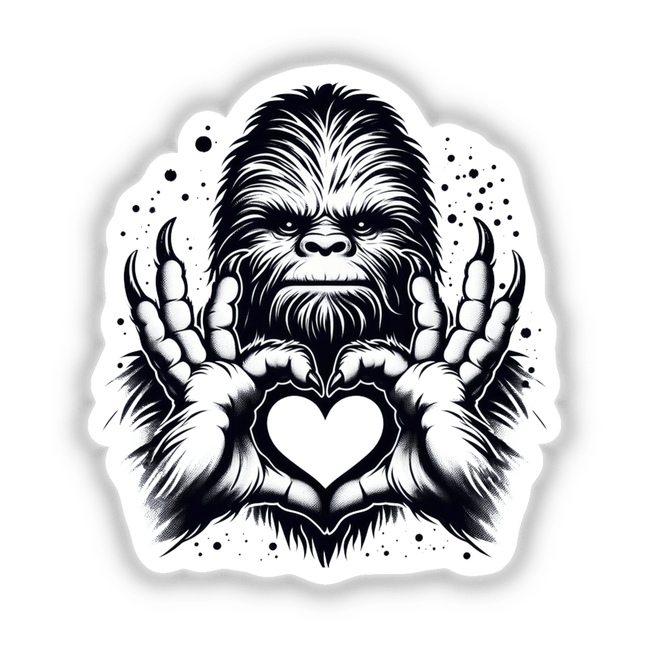 Sasquatch Heart Hands illustration, available as stickers or digital artwork, showcasing a Sasquatch forming a heart with its hands, representing Decal Venue's unique vinyl sticker and digital art offerings.