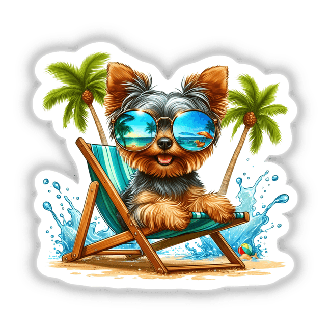 Peeking Yorkie Dog Sitting in Beach Chair, wearing sunglasses, depicted in a playful cartoon style. Available as stickers or digital artwork from Decal Venue, specializing in unique vinyl designs.