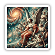 Celestial Baroque - Angels with Cosmic Backdrops: A painting featuring angels amidst a spiral of stars, a woman with wings, and ornate celestial elements. Available as stickers or digital artwork.