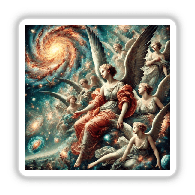 Celestial Baroque - Angels with Cosmic Backdrops: A painting featuring angels amidst a spiral of stars, a woman with wings, and ornate celestial elements. Available as stickers or digital artwork.