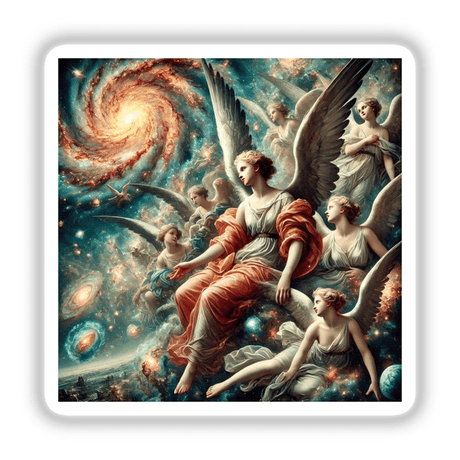 Celestial Baroque - Angels with Cosmic Backdrops: A painting featuring angels amidst a spiral of stars, a woman with wings, and ornate celestial elements. Available as stickers or digital artwork.