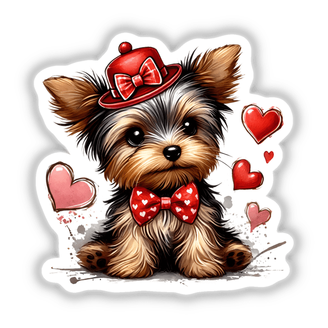 Floating Hearts Yorkie Dog sticker or digital art featuring a cartoon Yorkshire terrier wearing a red hat and bow tie, with playful heart accents. Perfect for pet lovers and collectors.