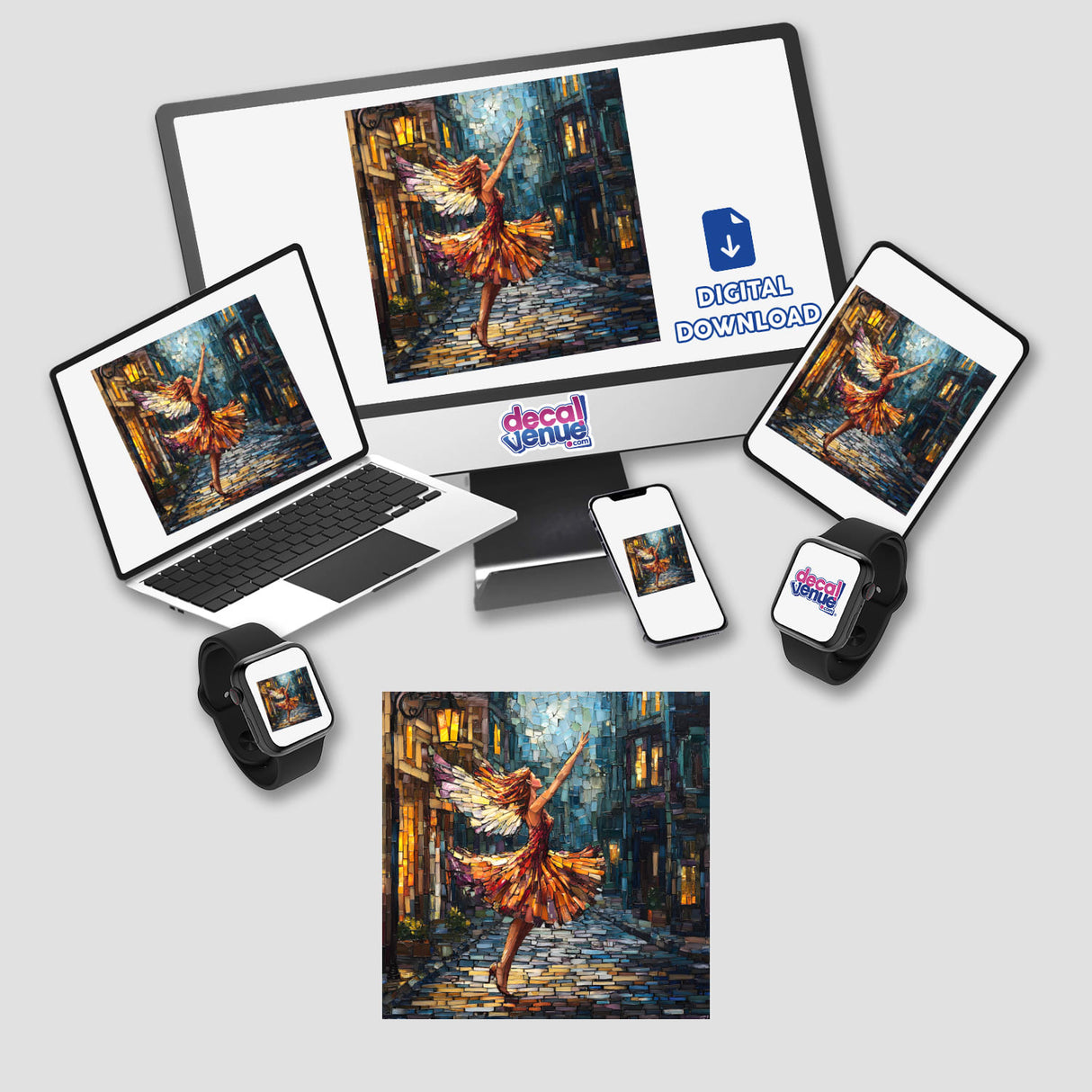 Computer monitor and laptop displaying Fairy Dancing on Cobblestone Street Mosaic artwork, with a ballet dancer prominently featured on the screens. Available as stickers or digital artwork.