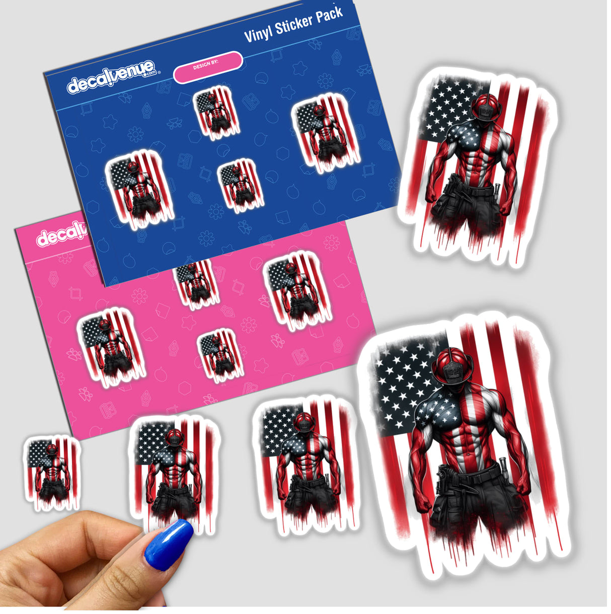 Flexing Firefighter American Flag sticker pack, showcasing dynamic designs with flag elements, perfect for vinyl enthusiasts seeking unique, bold decals. Available as stickers or digital artwork.