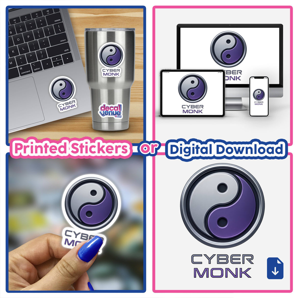 Cyber Monk – RPG-Style Skill Badge featuring a detailed silver and violet digital Yin-Yang design, available as stickers or digital artwork, reflecting Decal Venue's unique vinyl and digital art offerings.
