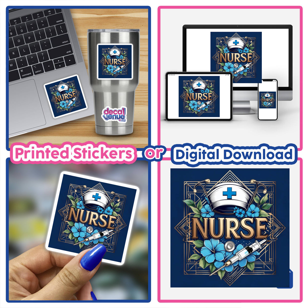 Art Deco Nurse Tribute sticker featuring a stethoscope, blue flowers, and syringe on a laptop, emphasizing its unique design as part of Decal Venue's vinyl sticker collection.