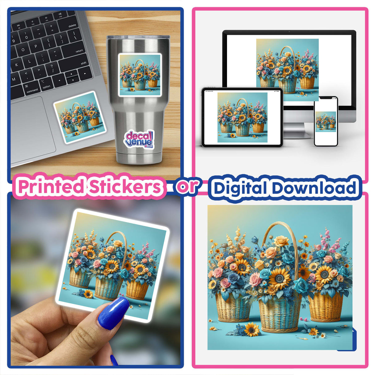 Elegant Woven Baskets with Sunflowers and Roses featured digitally on a laptop screen, highlighting their intricate design, available as unique stickers or digital artwork from Decal Venue.