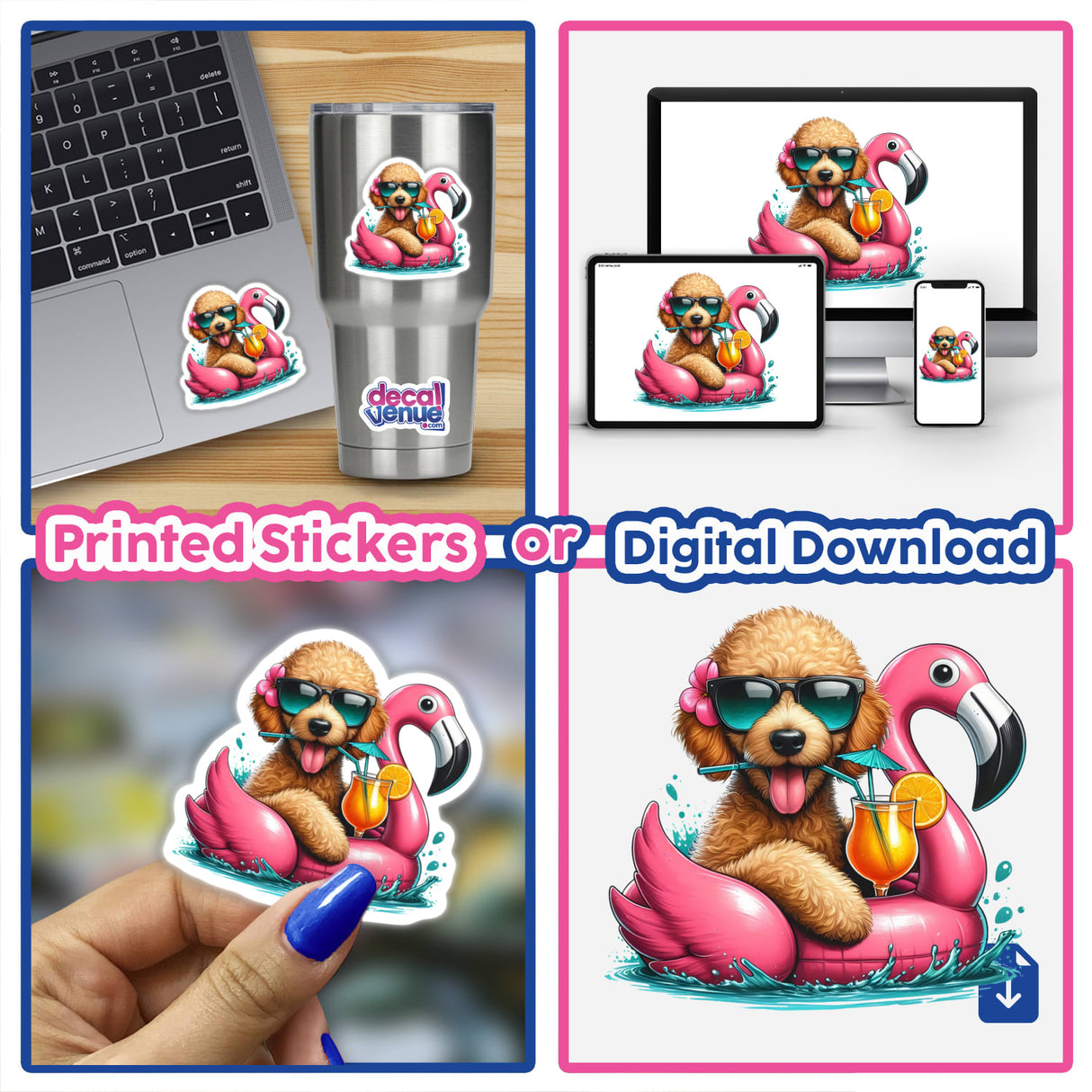 Goldendoodle on Flamingo Float sticker features a playful dog with sunglasses and a straw, ideal for laptops or metal cups. Available as a unique vinyl sticker or digital artwork from Decal Venue.