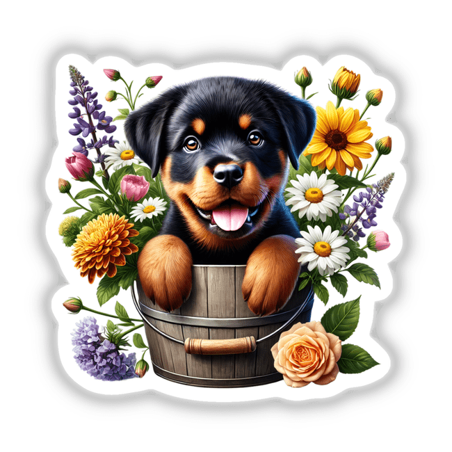 Rottweiler Dog Peeking Out of Flower Pot