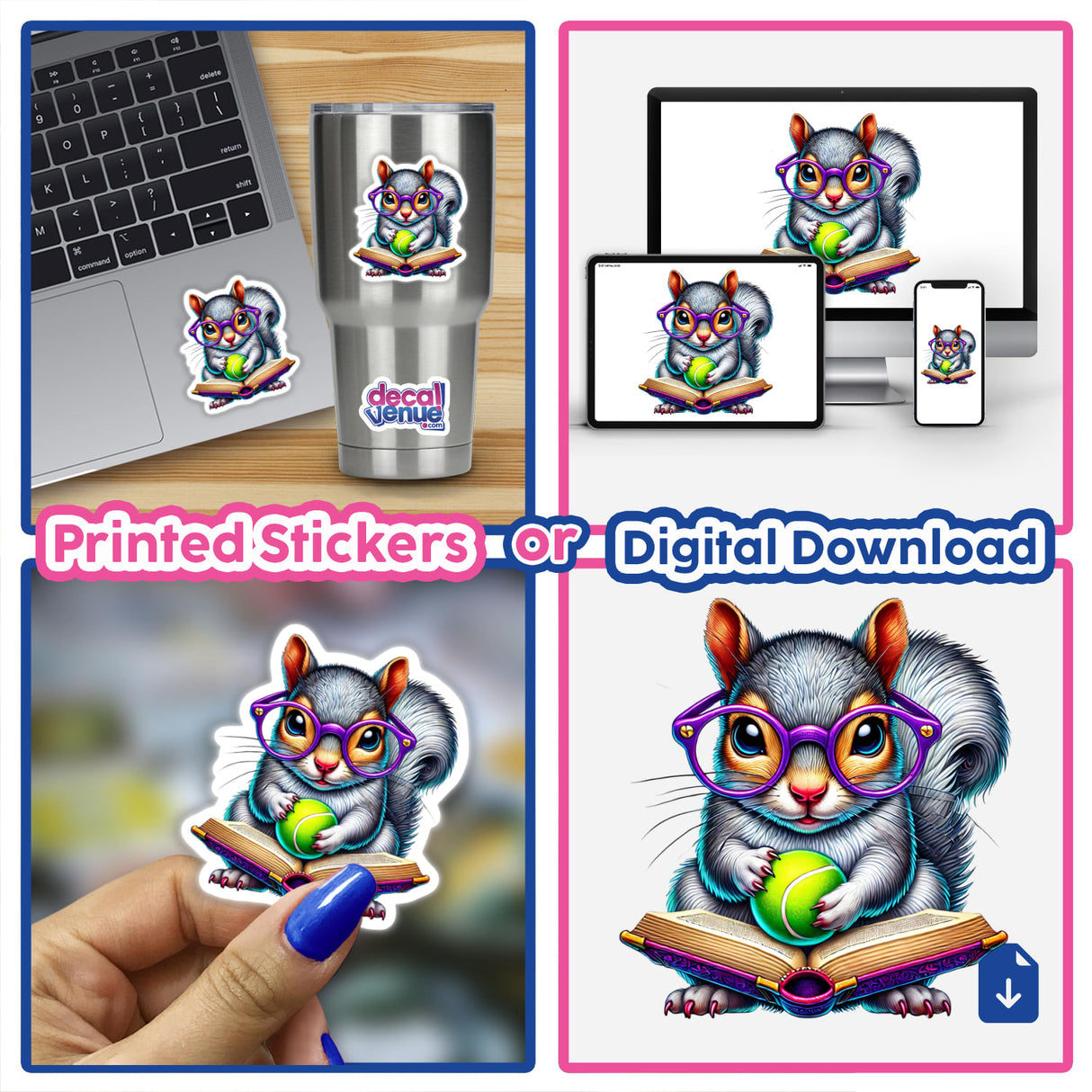 Squirrel Reading a Book with Purple Glasses and Tennis Ball depicted as a quirky cartoon, offered by Decal Venue as both unique vinyl stickers and digital artwork.