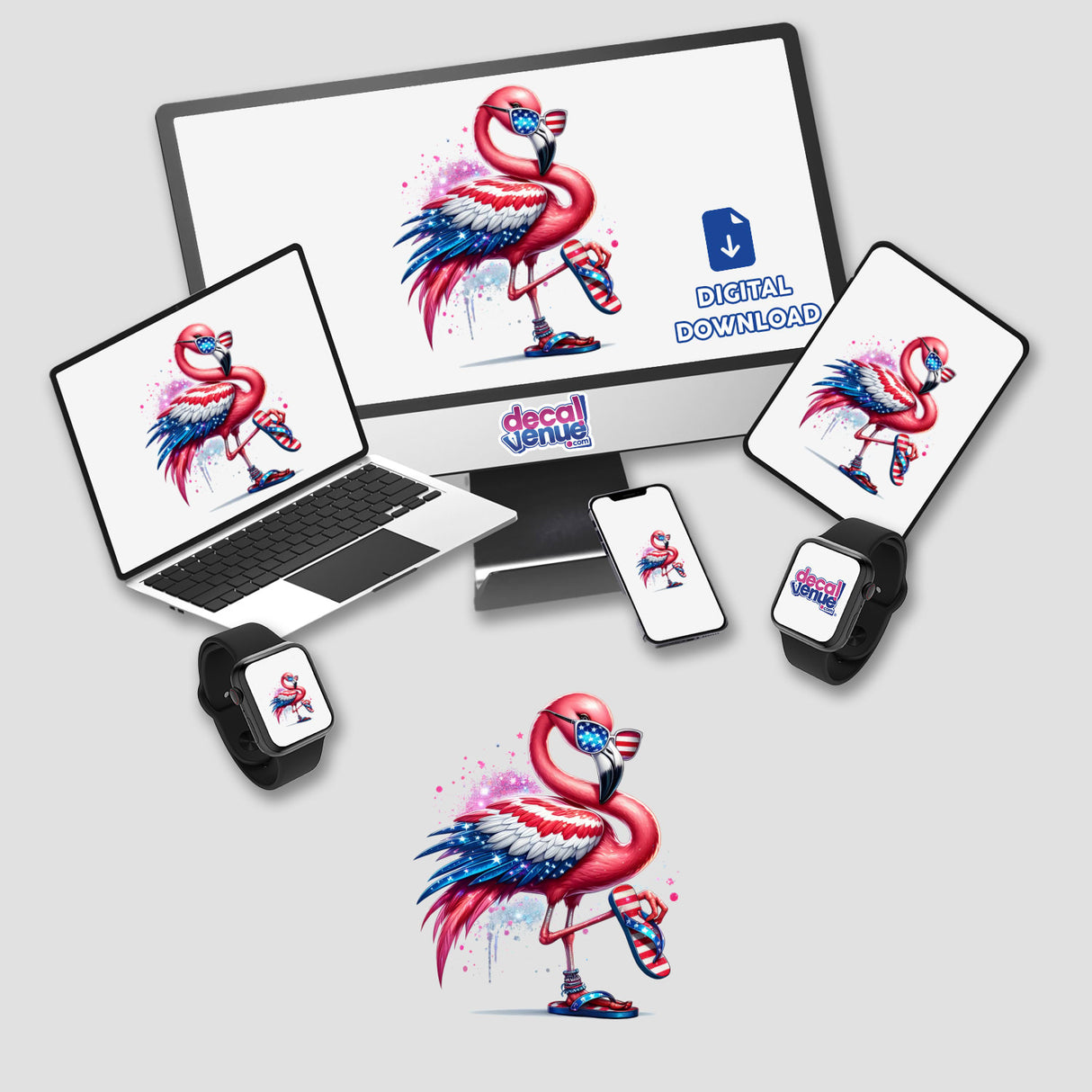 Sassy American Flag Sparkle Flamingo Bird sticker or digital artwork featuring a whimsical flamingo adorned with starry details, embodying playful Americana themes. Ideal for adding unique charm to any space.