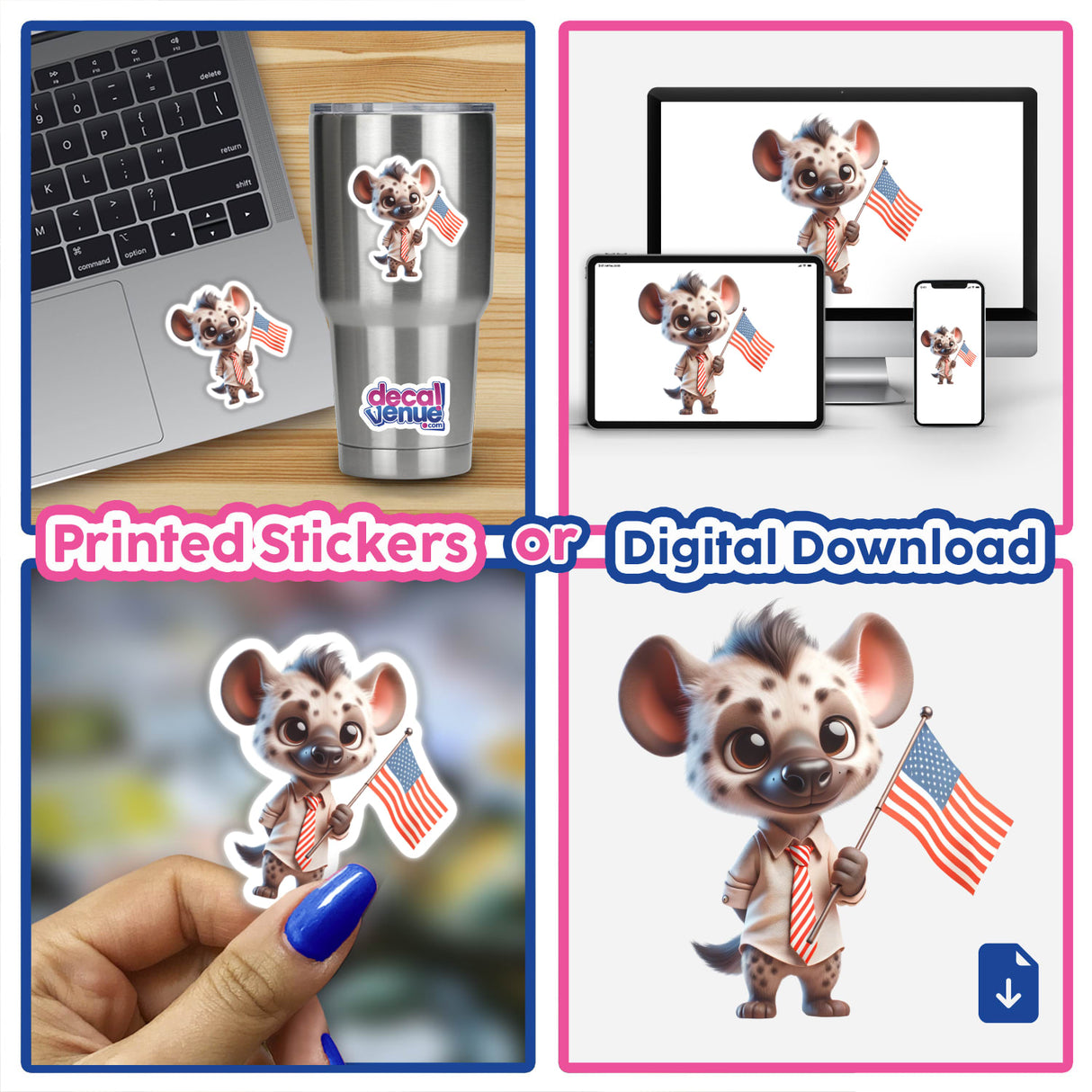 Cute Hyena Holding American Flag