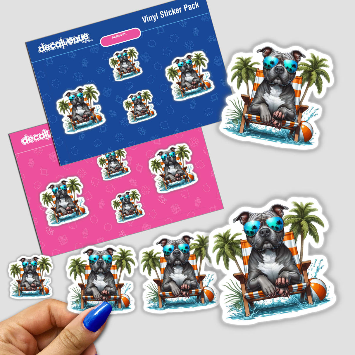 Cool Dude Gray Pitbull Sitting in Beach Chair sticker, featuring a cartoon-style dog wearing sunglasses and relaxing in a chair, available as both stickers and digital artwork from Decal Venue.