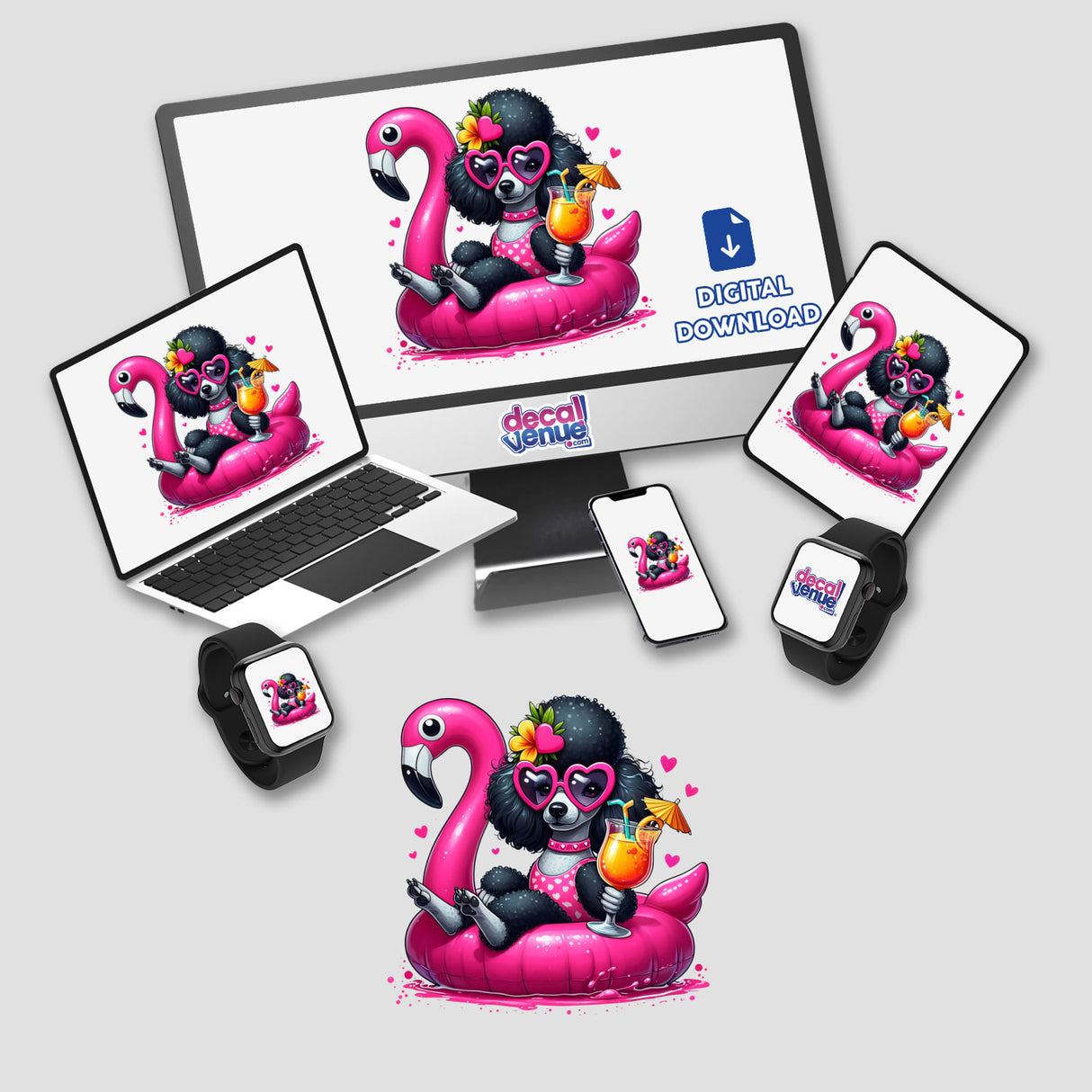 Summer Black Poodle Sitting in Flamingo Float depicted as a charming sticker or digital artwork, embodying playful and whimsical design, ideal for enhancing personal items or digital collections.