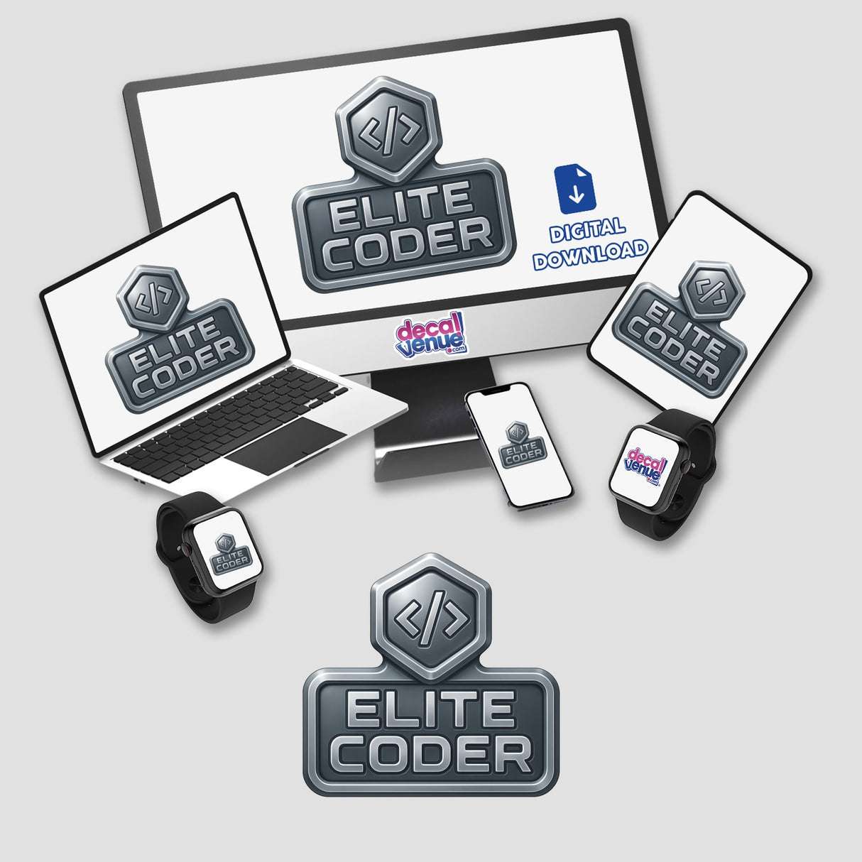Elite Coder – RPG-Style Skill Badge, a silver futuristic emblem, available as stickers or digital artwork, reflecting a unique design from Decal Venue.