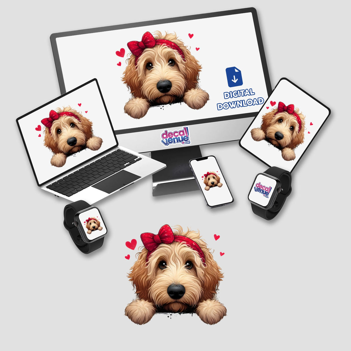 Peeking Goldendoodle Hearts digital artwork featuring a cute dog with a red bow on its head displayed on various screens, ideal for stickers or digital art enthusiasts at Decal Venue.