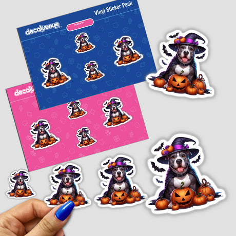 Halloween Pitbull Dog Dracula Cape and Witch Hat stickers featuring a cartoon dog in a Dracula cape and witch hat, surrounded by pumpkins. Available as stickers or digital artwork.