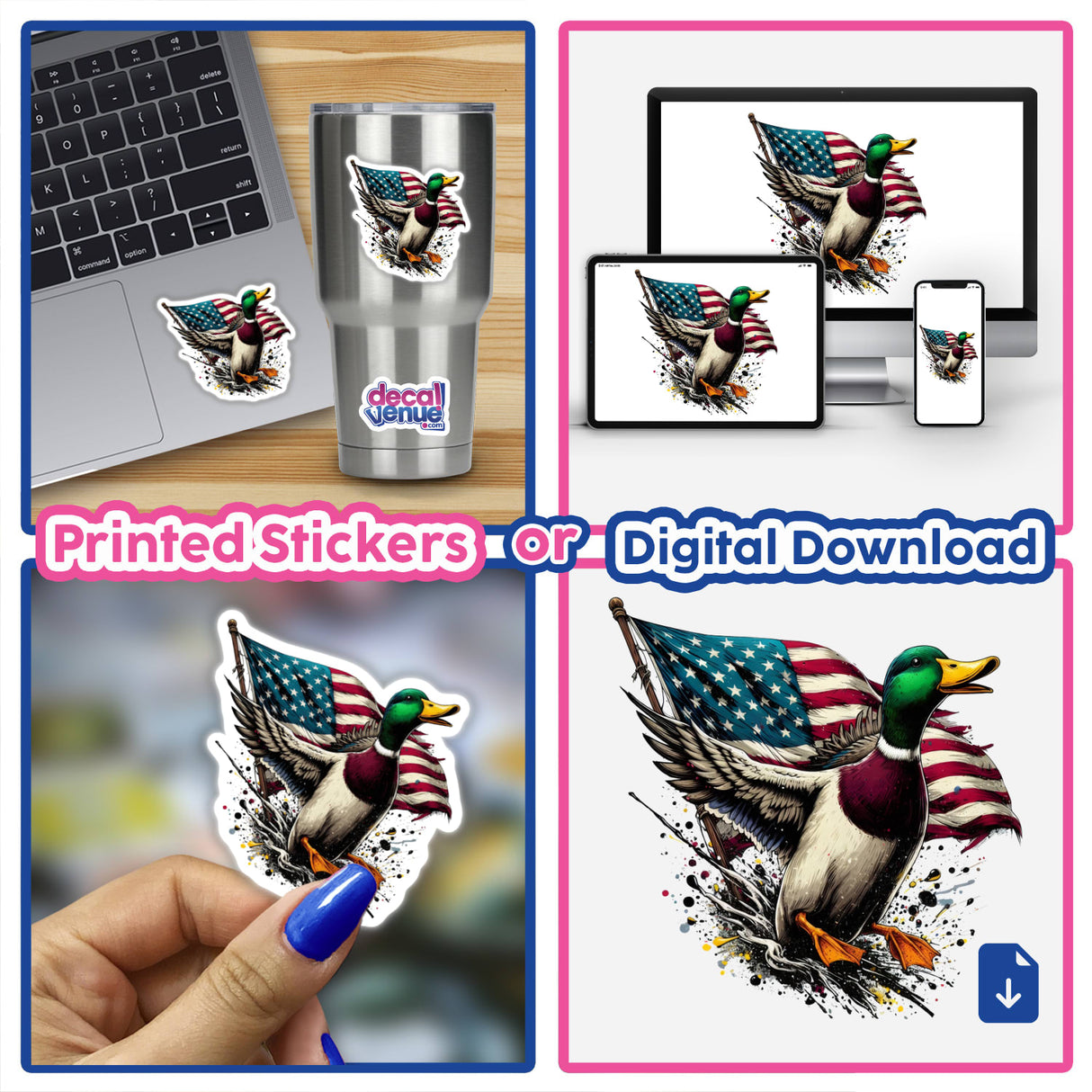 Collage featuring Mallard Duck American Flag Splatter design on a laptop and digital artwork options, showcasing a duck with an American flag motif. Available as unique stickers or digital art.