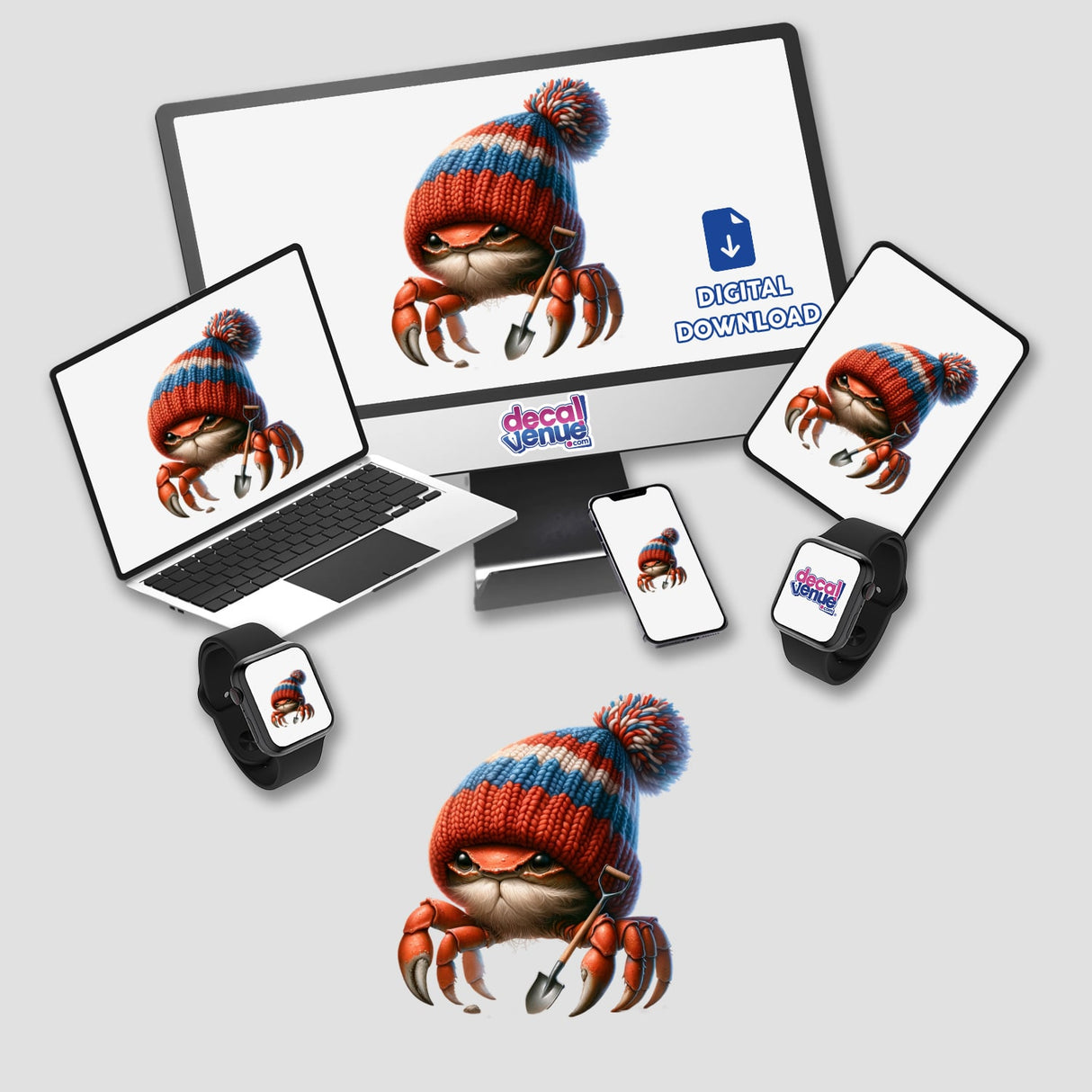 Crab Gnome with Shovel displayed on computer monitor, laptop, and smartwatch screens. Available as stickers or digital artwork.