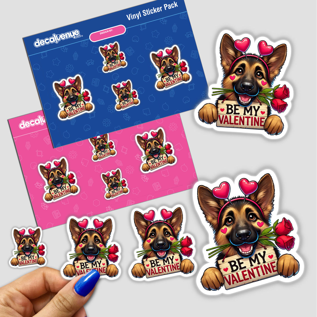German Shepherd Be My Valentine sticker features a cartoon dog holding a sign adorned with hearts and roses, available as stickers or digital artwork from Decal Venue.