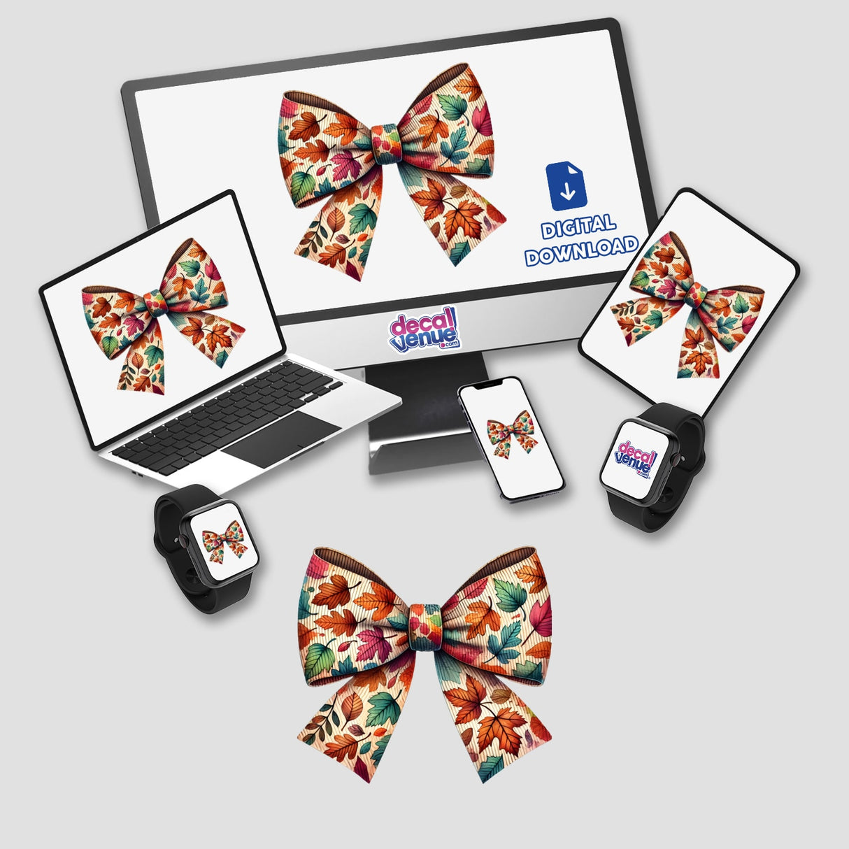Autumn Leaves Pattern Coquette Bow displayed on a laptop and phone screens, available as stickers or digital artwork.