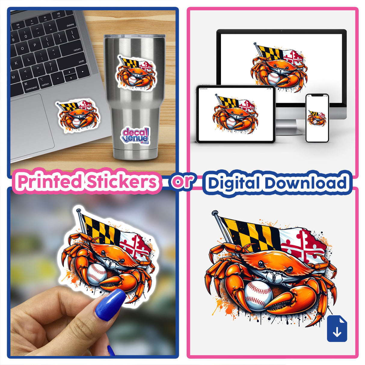 Maryland Flag Baseball Crab Splash sticker on a laptop, showcasing a cartoon crab holding a baseball and flag. Available as stickers or digital artwork from Decal Venue.
