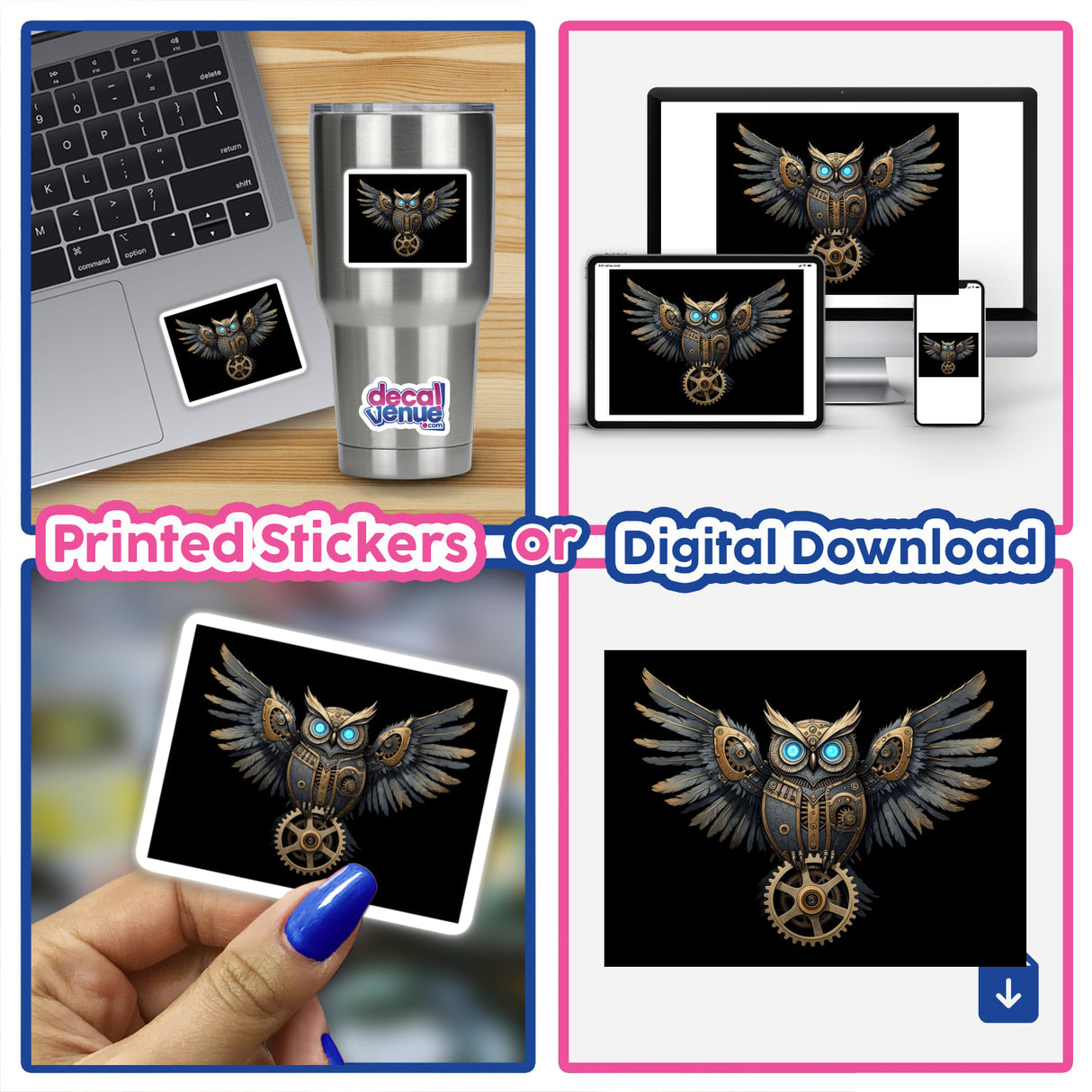 Mechanical Steampunk Owl with Glowing Eyes and Gear Accents, depicted as a metal owl with intricate gears, available as stickers or digital artwork from Decal Venue.