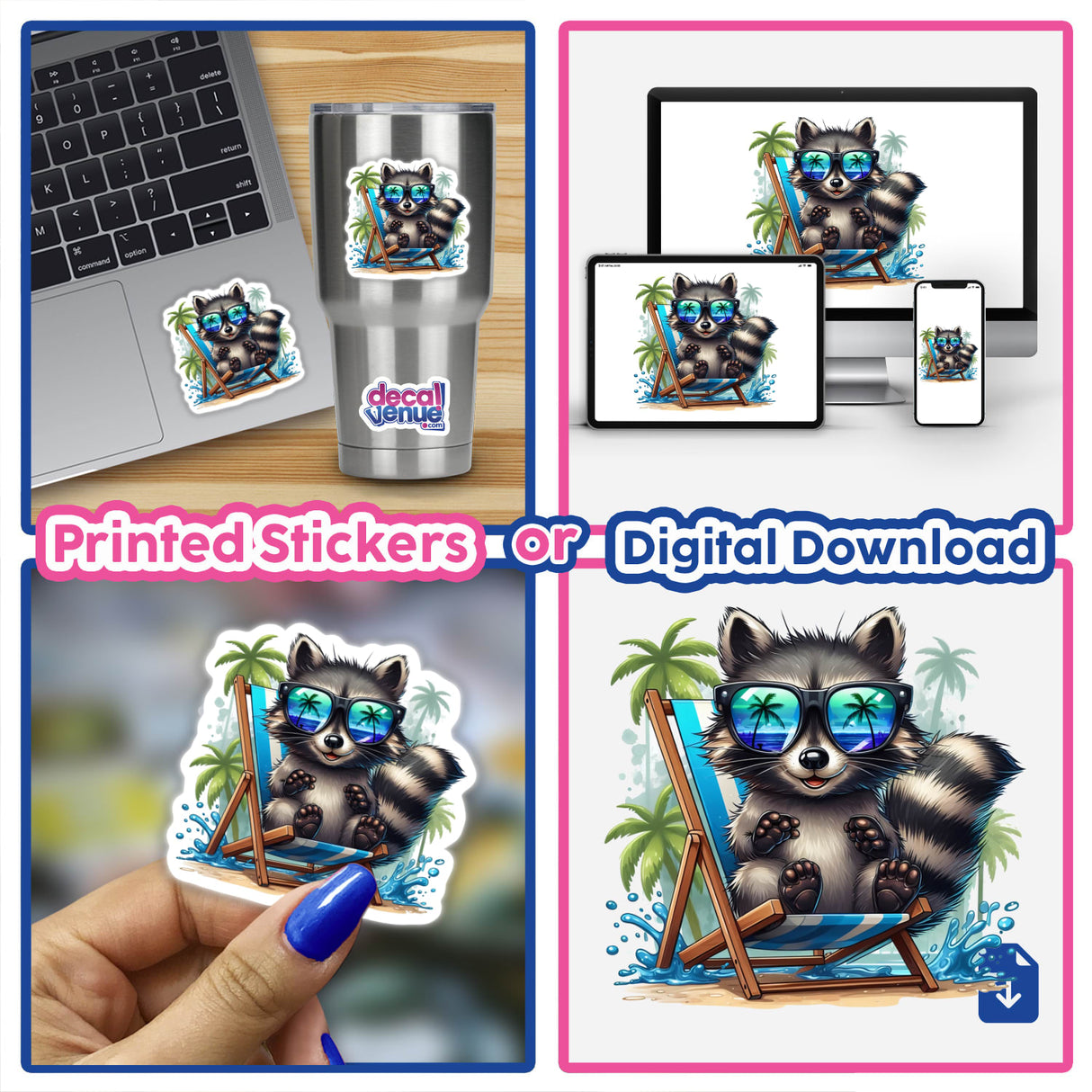 Happy Beach Raccoon Sitting in Beach Chair as a cartoon, featuring a raccoon with sunglasses. Available as stickers or digital artwork. Ideal for laptops or digital screens.
