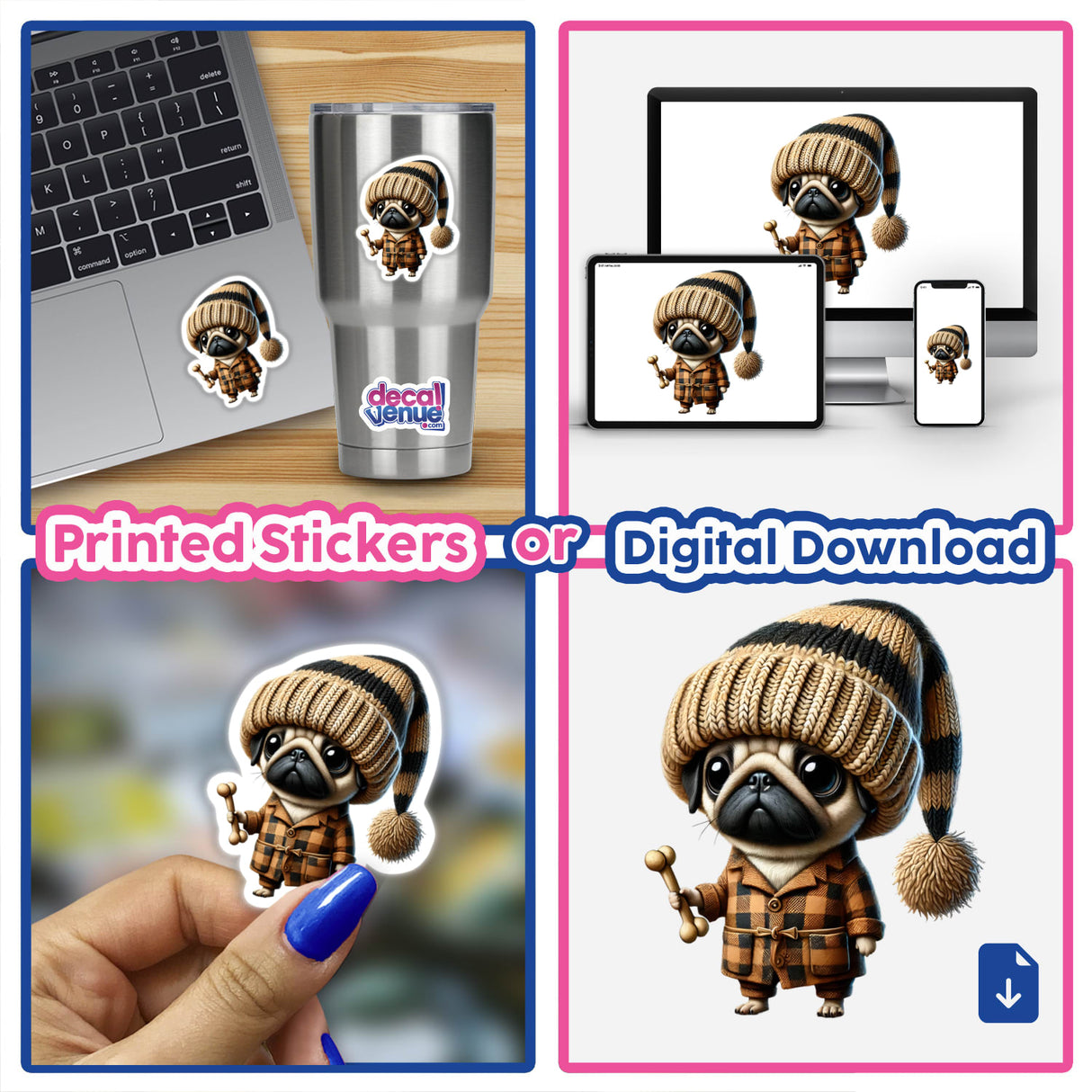 Pug Gnome Holding Dog Bone illustrated in a collage, featuring detailed stickers and digital artwork.