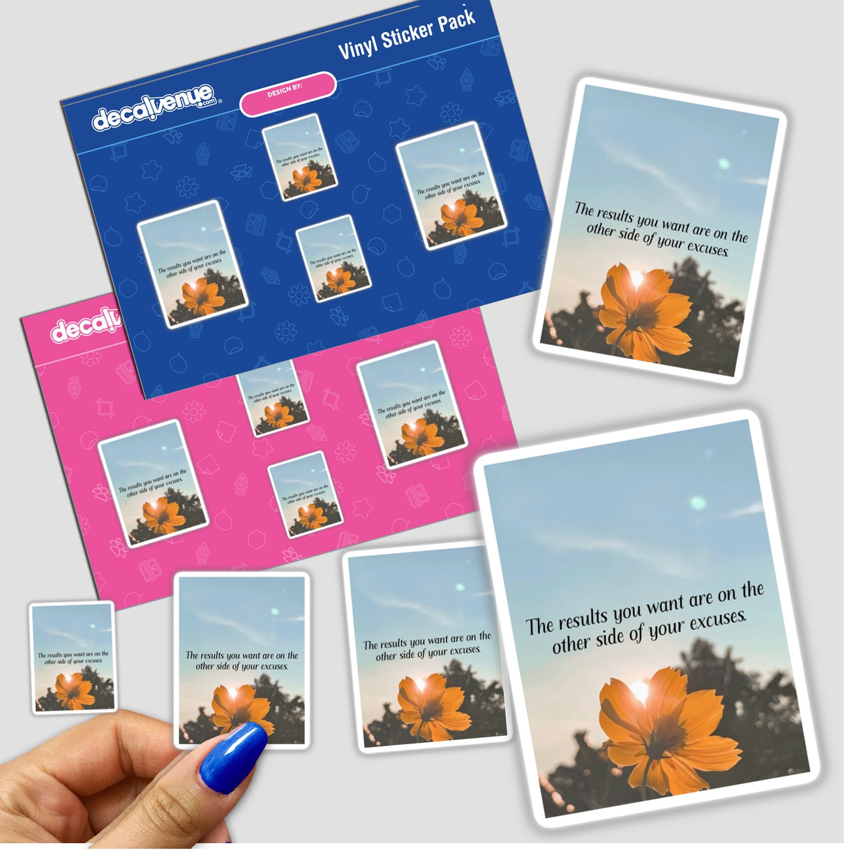 Cosmos flower with sunlit sky features encouraging quote, The results you want are on the other side excuses. Available as stickers or digital artwork, embodies perseverance and positivity from Decal Venue.