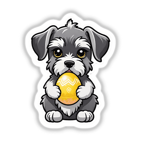 Schnauzer puppy holding Easter egg
