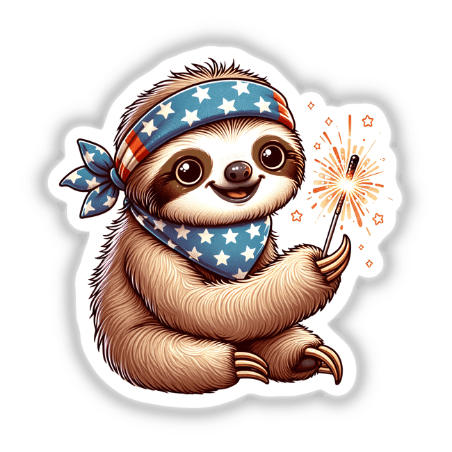 Patriotic Sloth Wearing Bandana Holding Sparkler