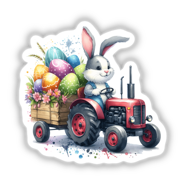 Easter Egg Bunny Tractor III features a cartoon rabbit driving a tractor with a cart full of eggs and flowers, available as unique vinyl stickers or digital artwork from Decal Venue.