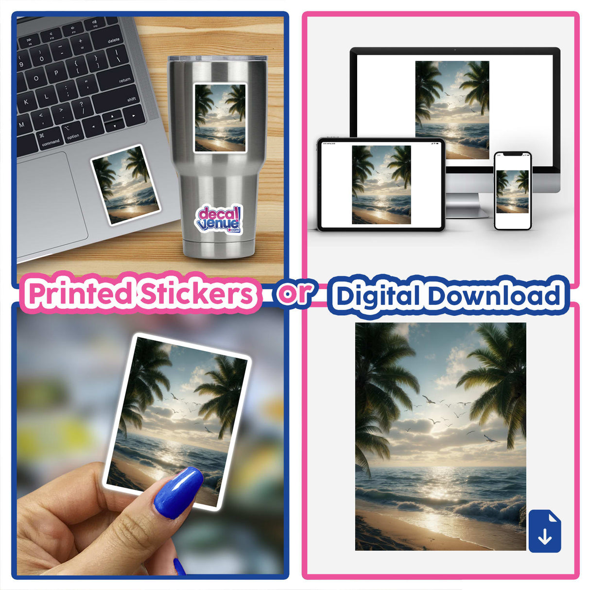 Tropical Sunset Seagulls Over Ocean Waves sticker or digital art features a vivid collage of beach scenes, palm trees, and ocean imagery, perfect for unique vinyl decoration or digital display.