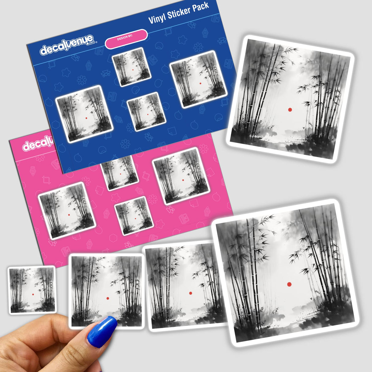 Sumi-e Bamboo Grove in Morning Mist Japanese Ink Wash Scene depicted as intricate stickers or digital artwork, capturing the serene essence of a tranquil bamboo grove enveloped in mist.