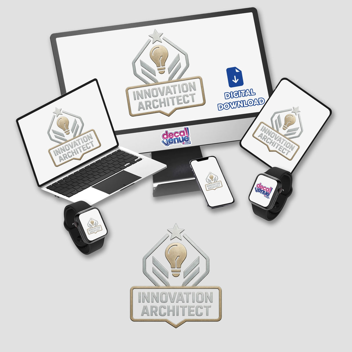 Innovation Architect – RPG-Style Skill Badge featuring a futuristic shield design in gold and silver, available as stickers or digital artwork, showcasing Decal Venue's unique vinyl and digital art offerings.